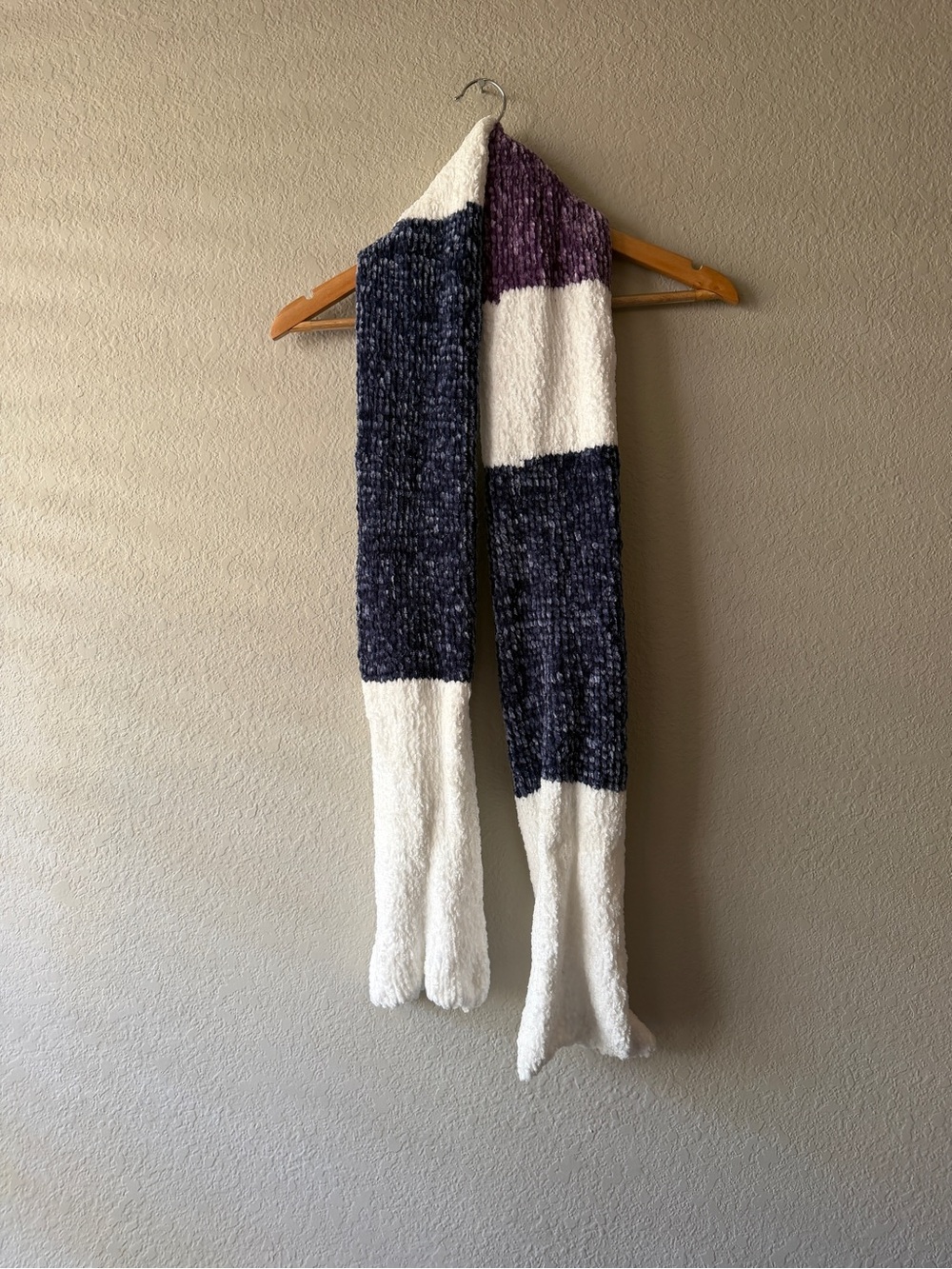 Cozy Striped Velvet Striped Scarf - White, Navy & Purple